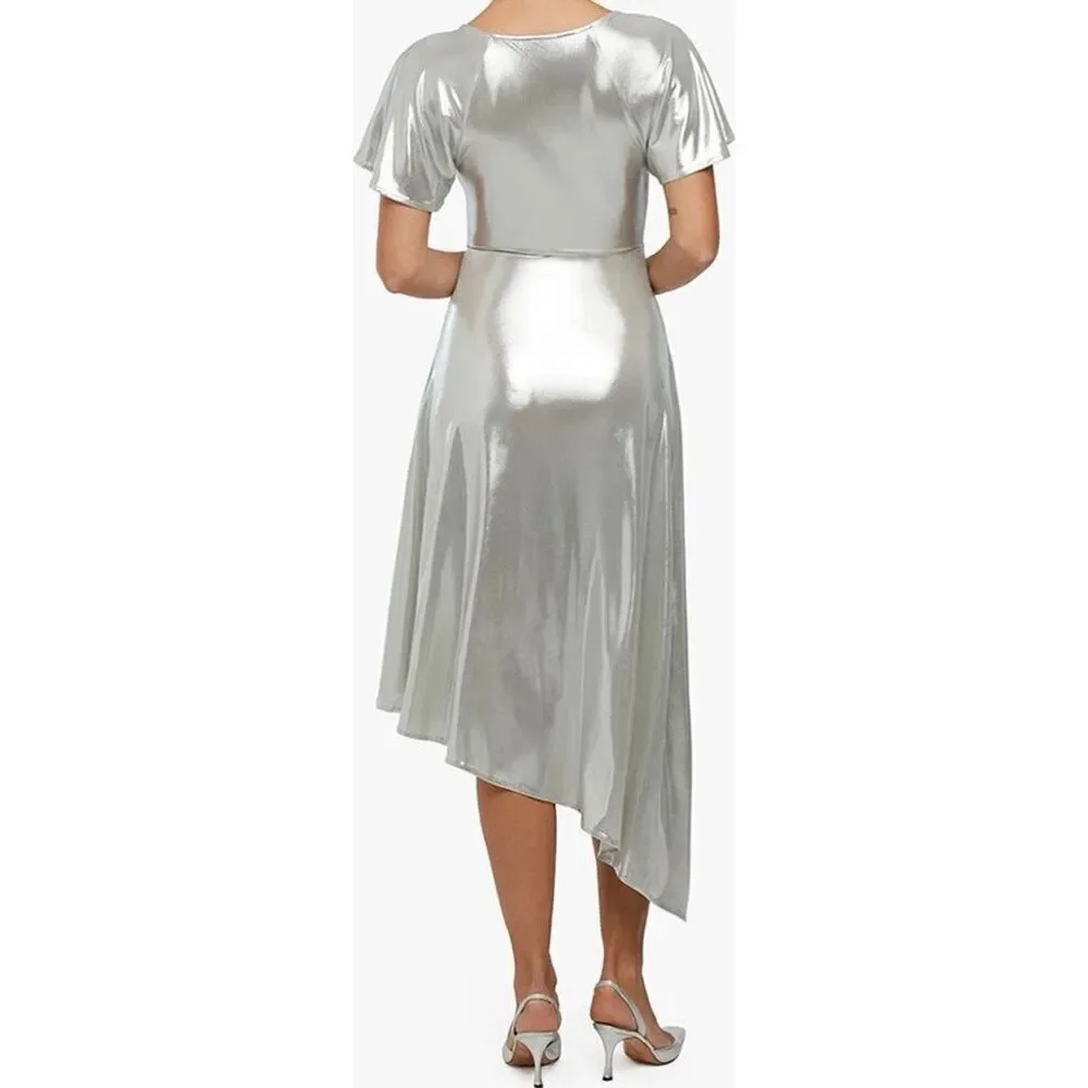 NWOT WeWoreWhat Metallic Silver Asymmetric Cutout Midi Dress Women's Small